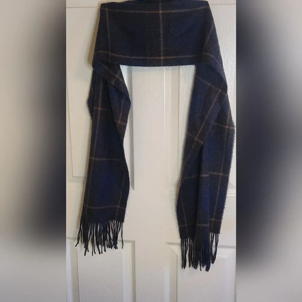 Geoffrey Beene Cashme Brown Navy Plaid Fringe Acrylic Scarf Shawl Italy 66x12.5”
